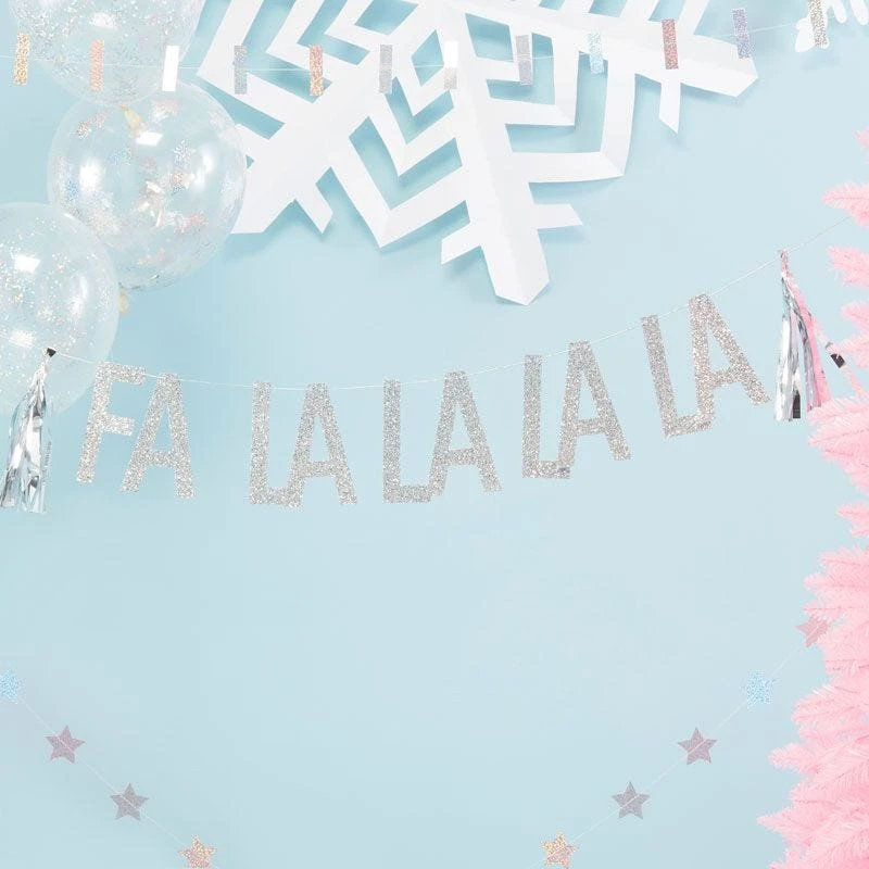 Silver Glitter Fa La La Paper Bunting With Tassles - 1.5m 3 Silver Glitter Fa La La Paper Bunting With Tassles - 1.5m