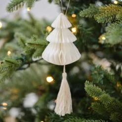 Cream Honeycomb Trees Decorations With Macrame Tassels (4pk)