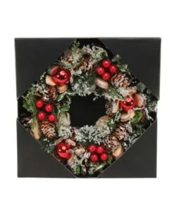 30cm Snowy Red Bauble/Clear Beads Wreath